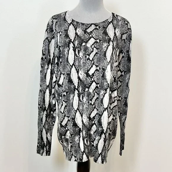 Worthington Womens Leona Animal Print Sweater Snake Cotton Blend Black White Sz - Picture 1 of 7